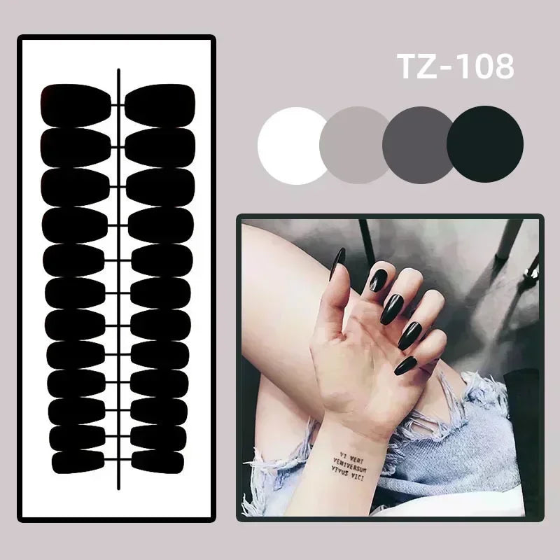 Pointed nail design with adhesive tabs and color samples