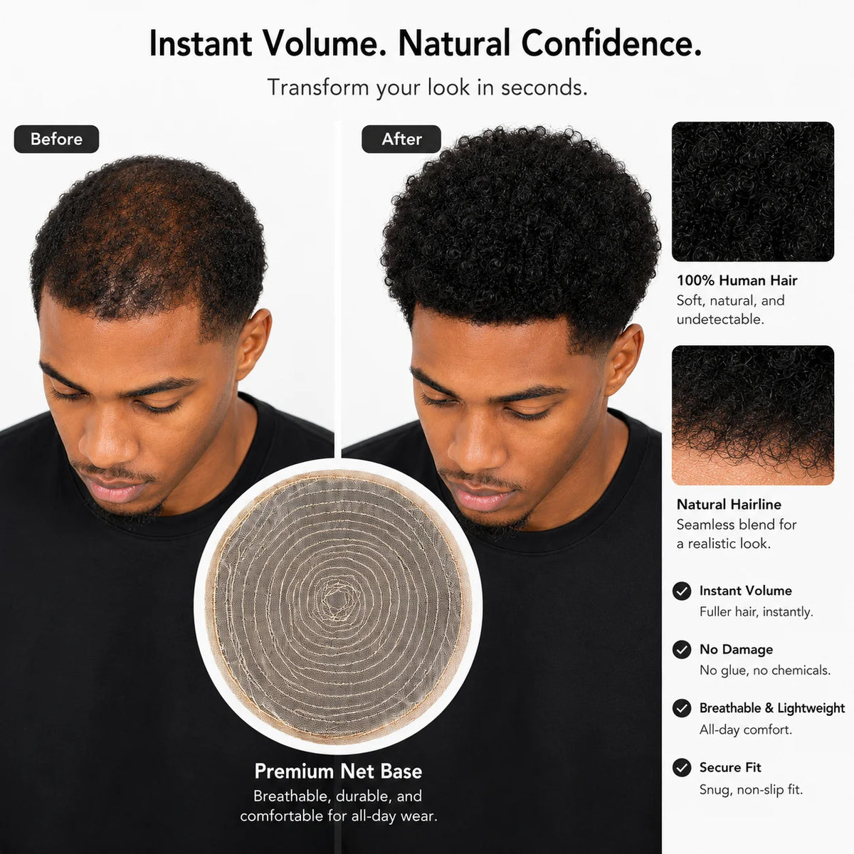 Curly hair toupee with hairstyle and base construction details
