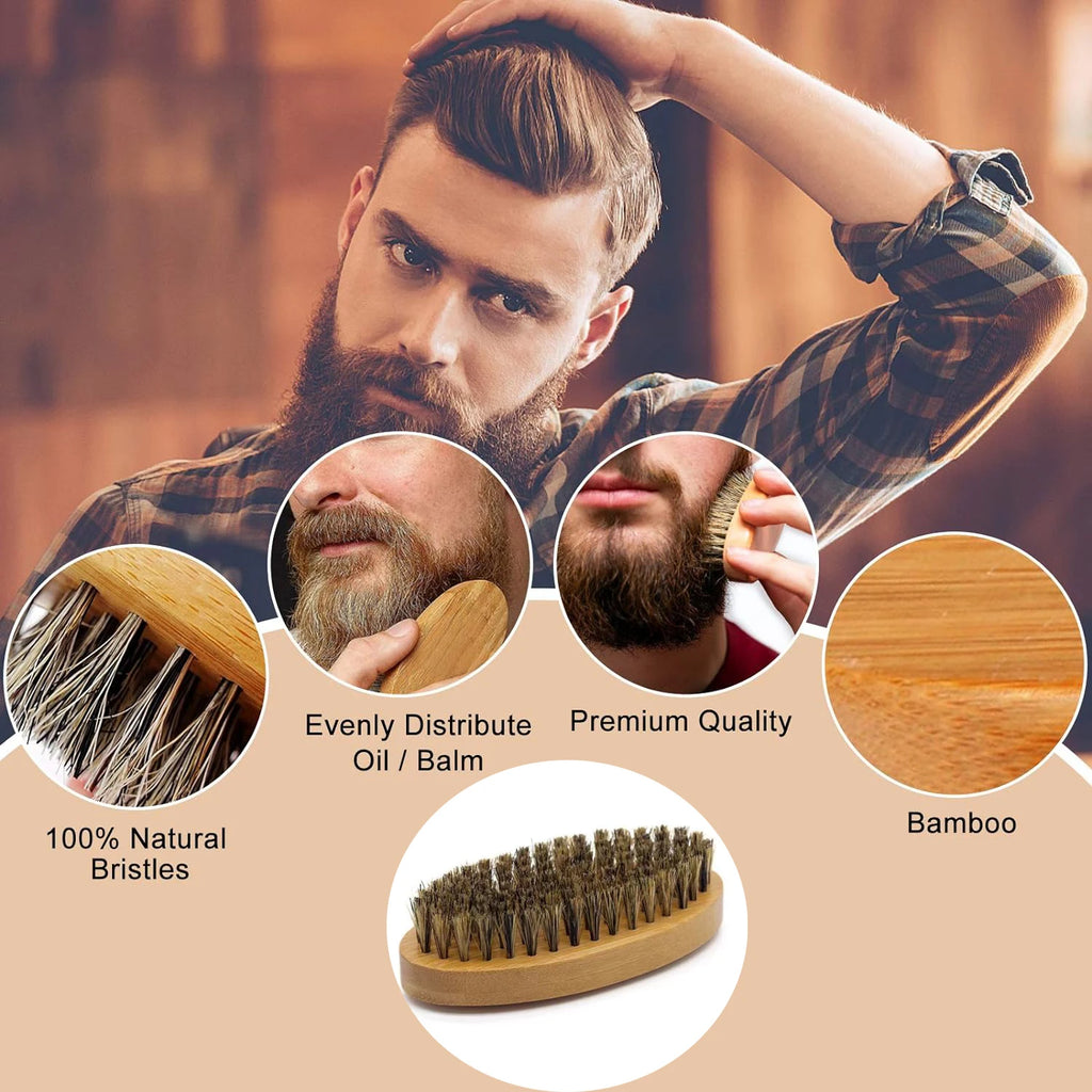 Wooden beard brush with bristle and grooming examples