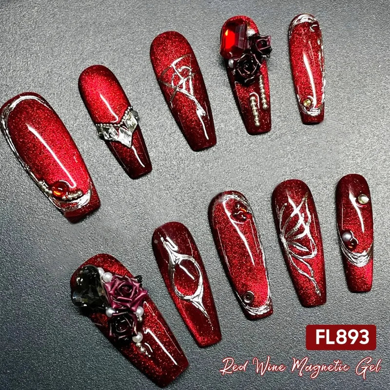 Red magnetic gel nail polish with painted nail examples and product details