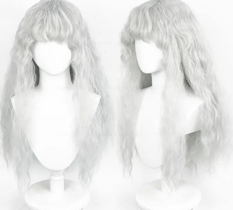 Long white wavy cosplay wig shown on a mannequin