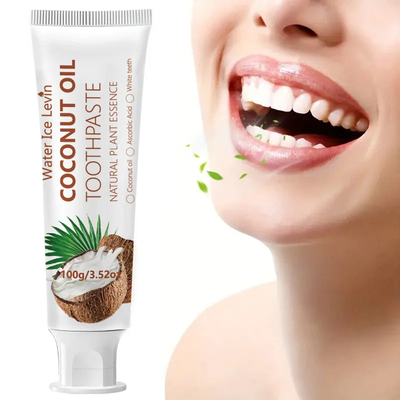 Coconut oil toothpaste with ingredient and brushing graphics