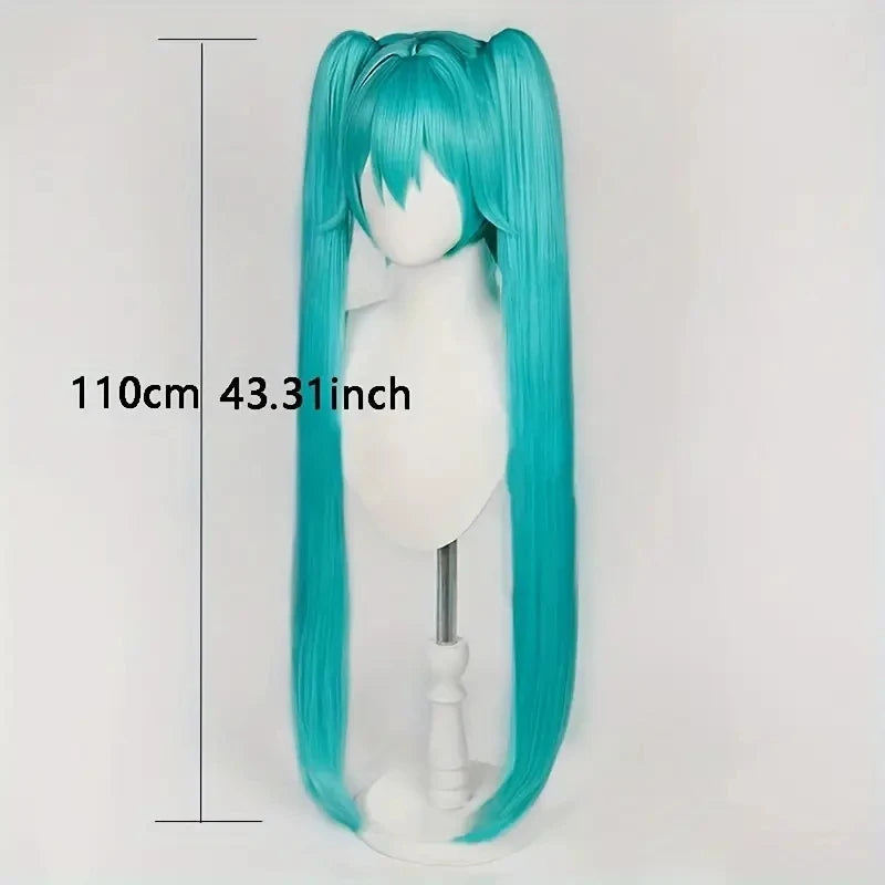 Green Blue Cosplay Wig Long Straight With Bangs Double Ponytail