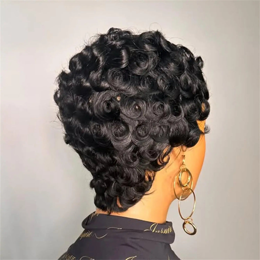 Short curly wig shown from different angles