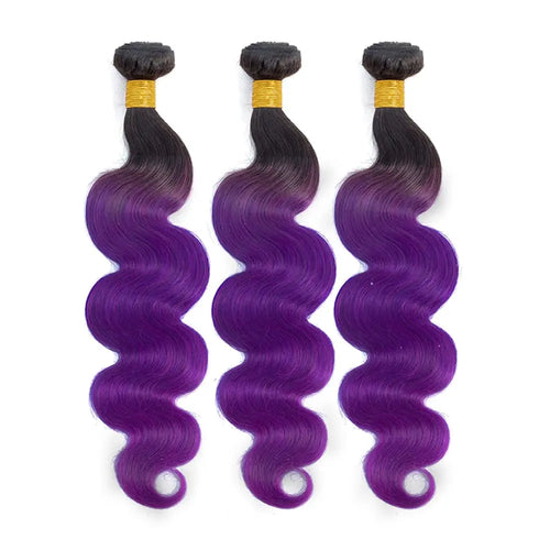 Black-to-purple wavy hair bundles with styling or texture details