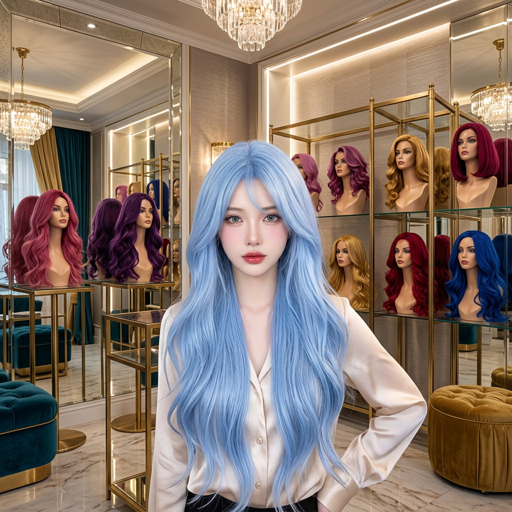 Cosplay wig shown with front, back or styling views