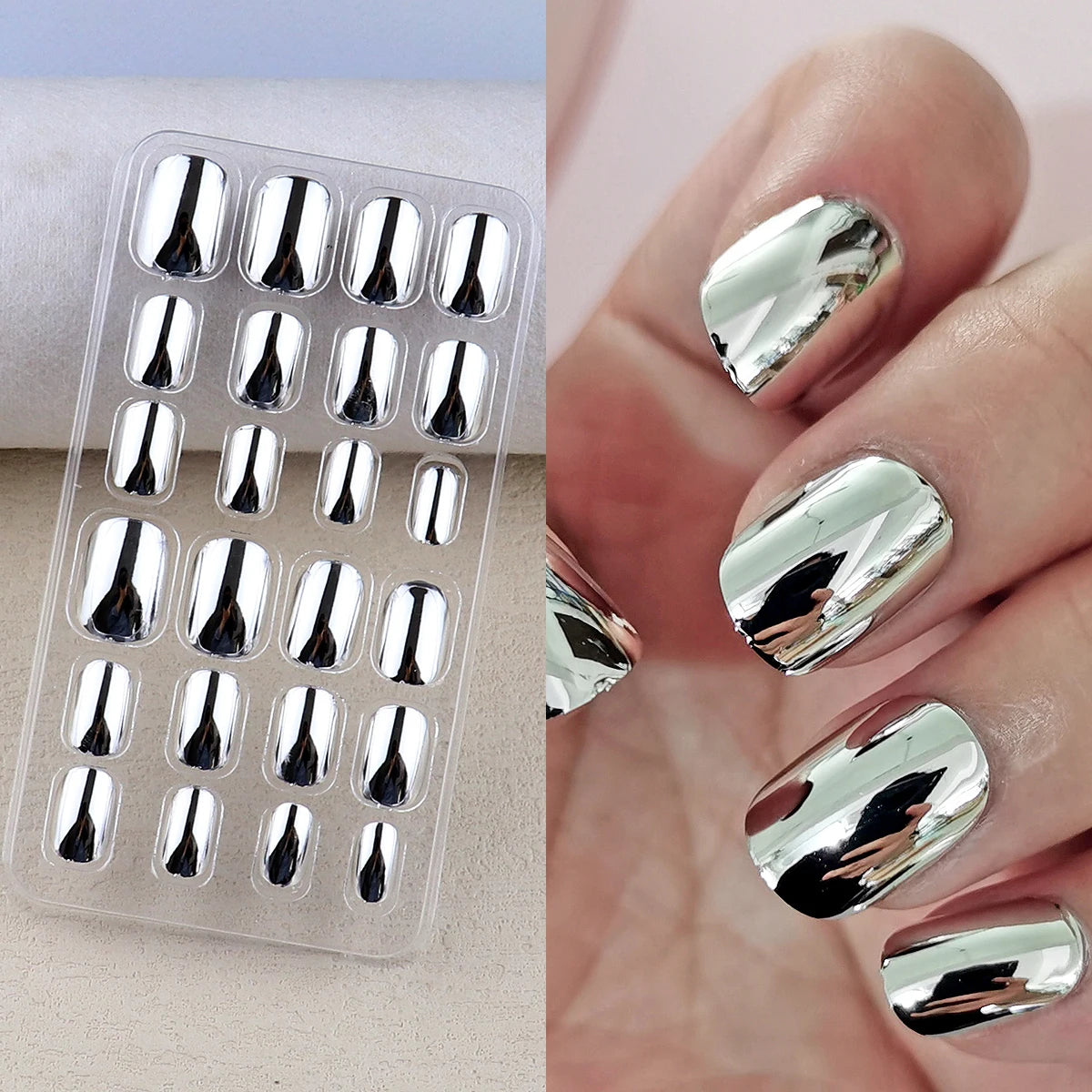 Chrome press-on nail shade shown in a set and on a hand
