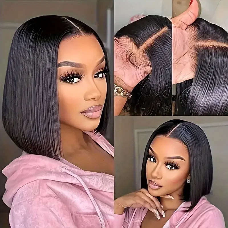 Straight dark bob wig with hairstyle and hairline details