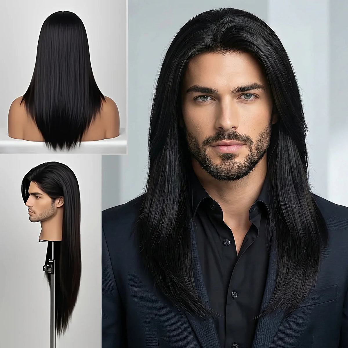 Long straight dark wig shown from several angles