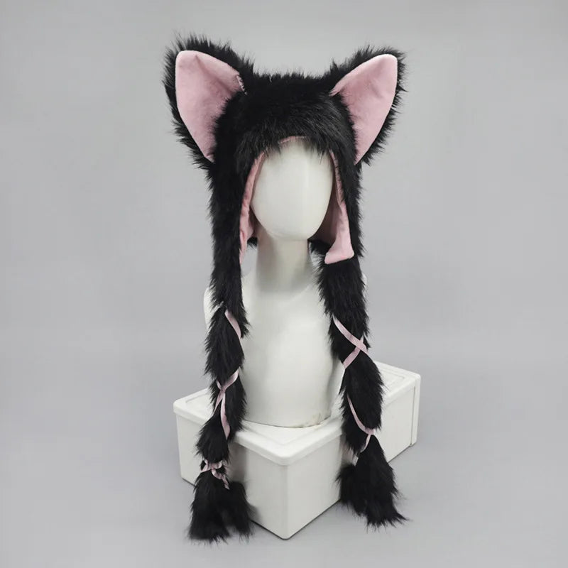 Y2K Cat Ear Plush Hat - Cute Braid Cosplay Cap- 9 Colors