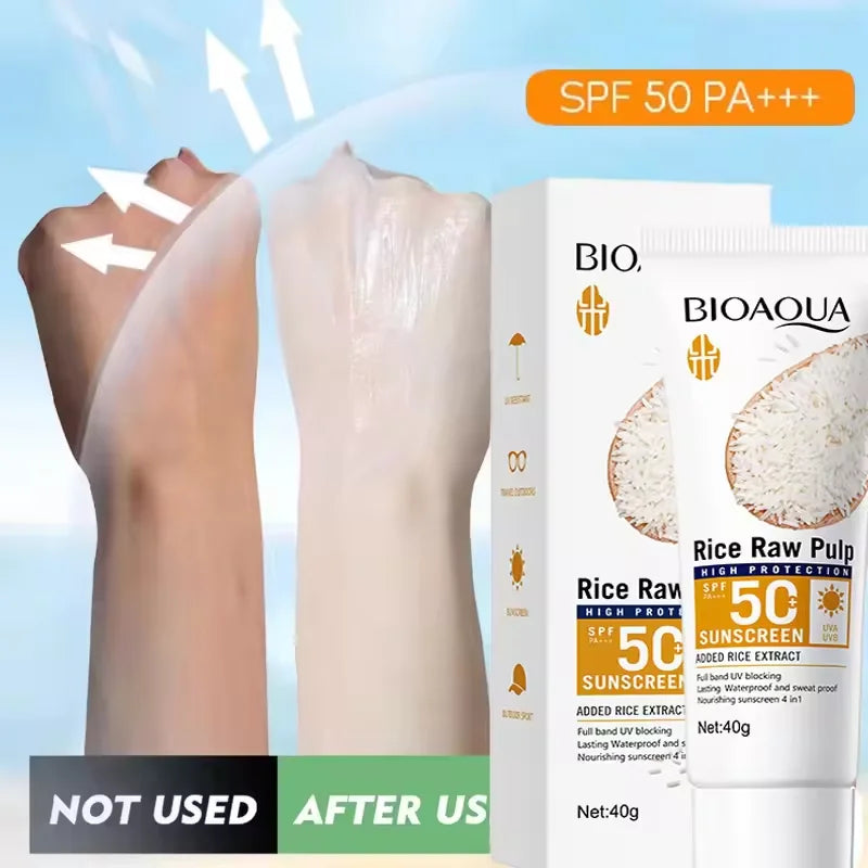 Sunscreen tube with skin application and promotional comparison images