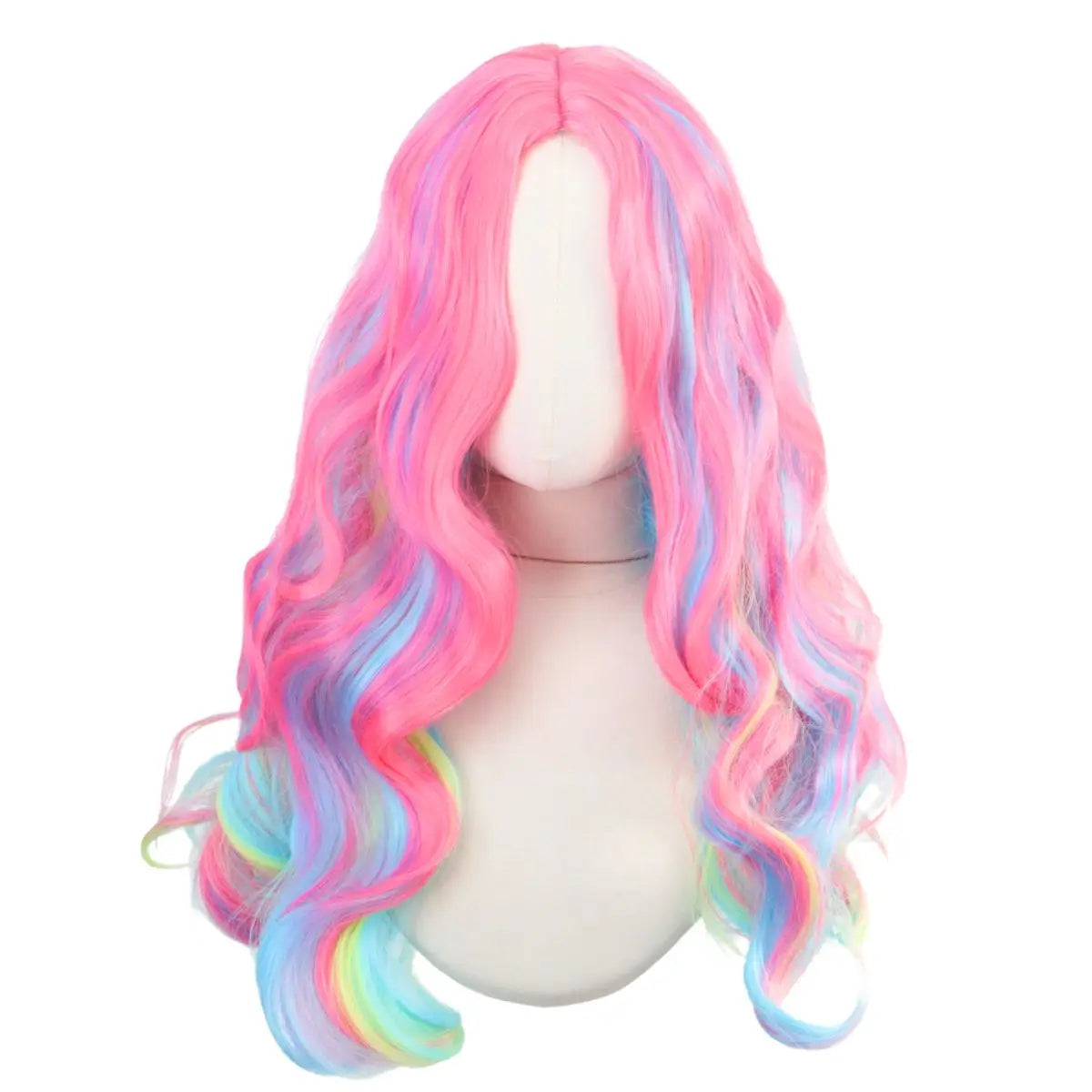 Long colorful wavy wig shown on a mannequin