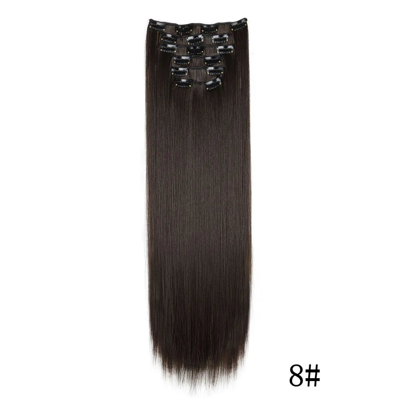 Straight clip-in hair extension with visible attachment clips