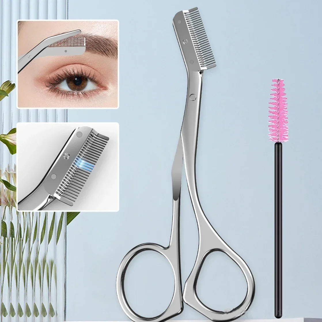 Eyebrow scissors with comb attachment and trimming examples