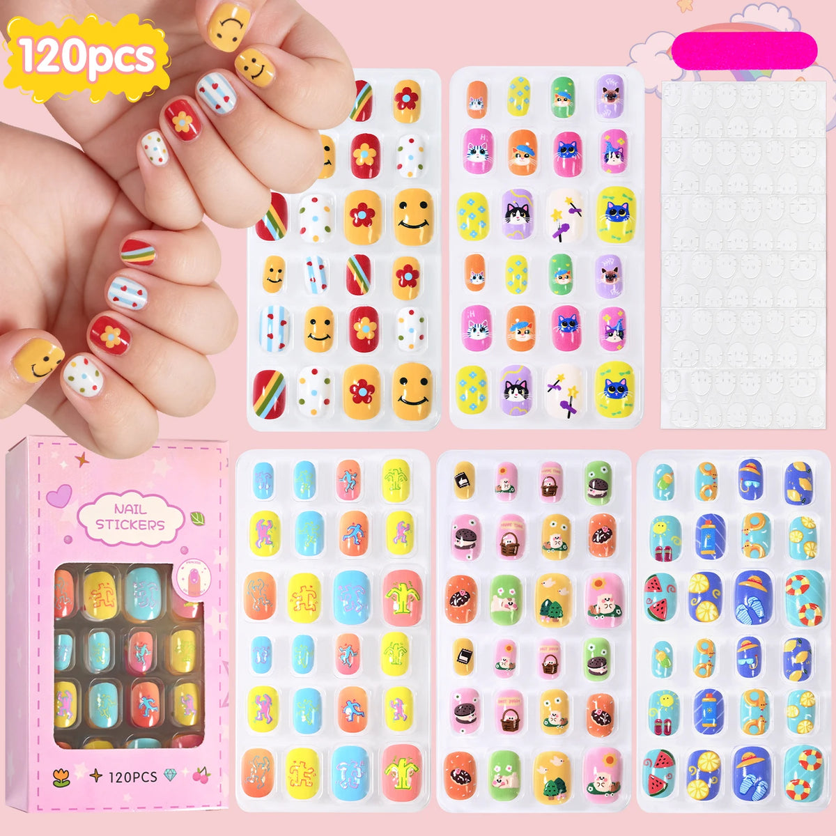Assorted colorful press-on nails with packaging and manicure accessories