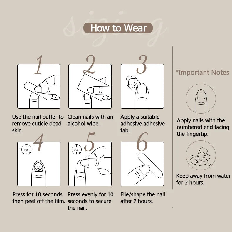 Illustrated press-on nail application instructions