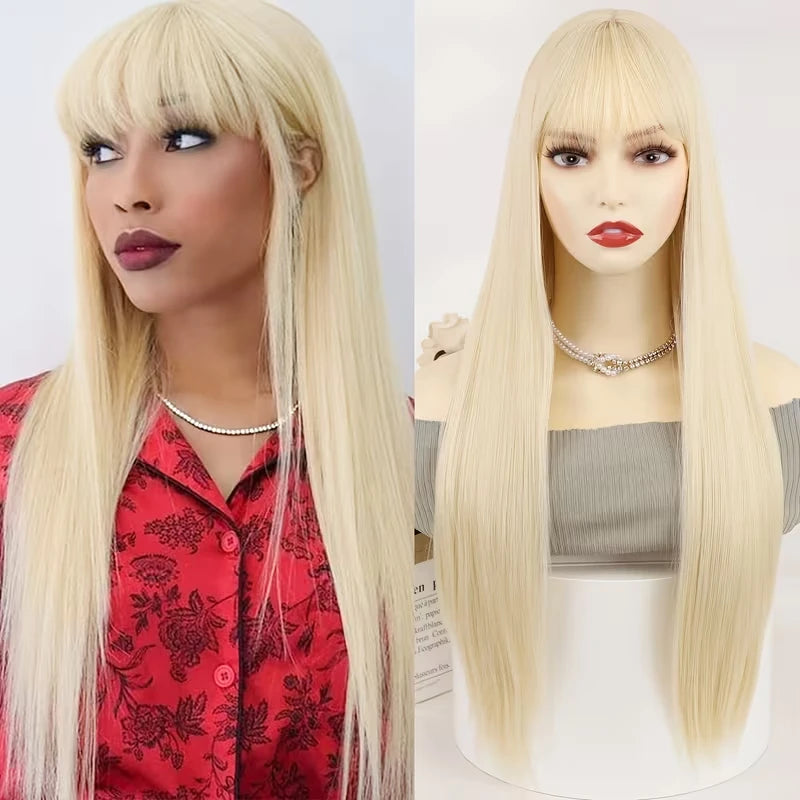 Long straight wig with bangs shown on a model and mannequin