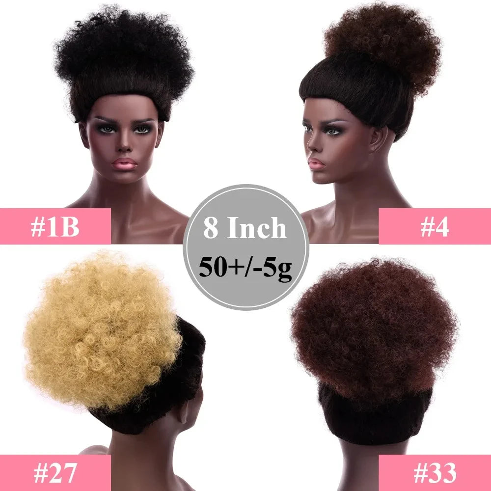 Curly puff hairpiece shown with attachment details or styled on a model