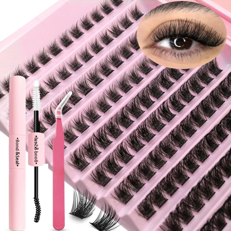 False eyelash clusters in trays with lash application examples