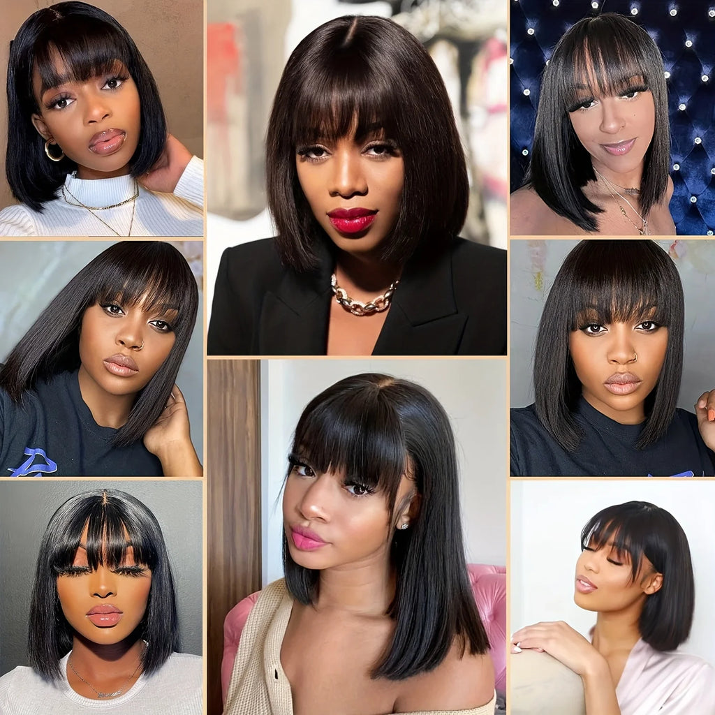 Straight dark bob wig with styling and hairline details
