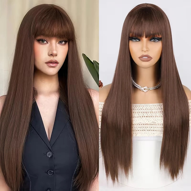 Long straight wig with bangs shown on a model and mannequin