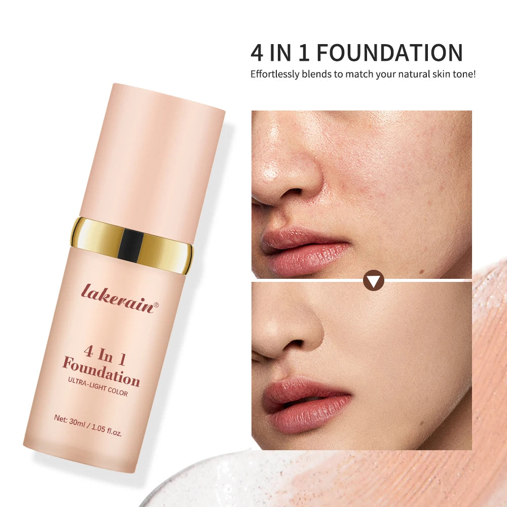 Foundation bottle with texture, application and promotional illustrations