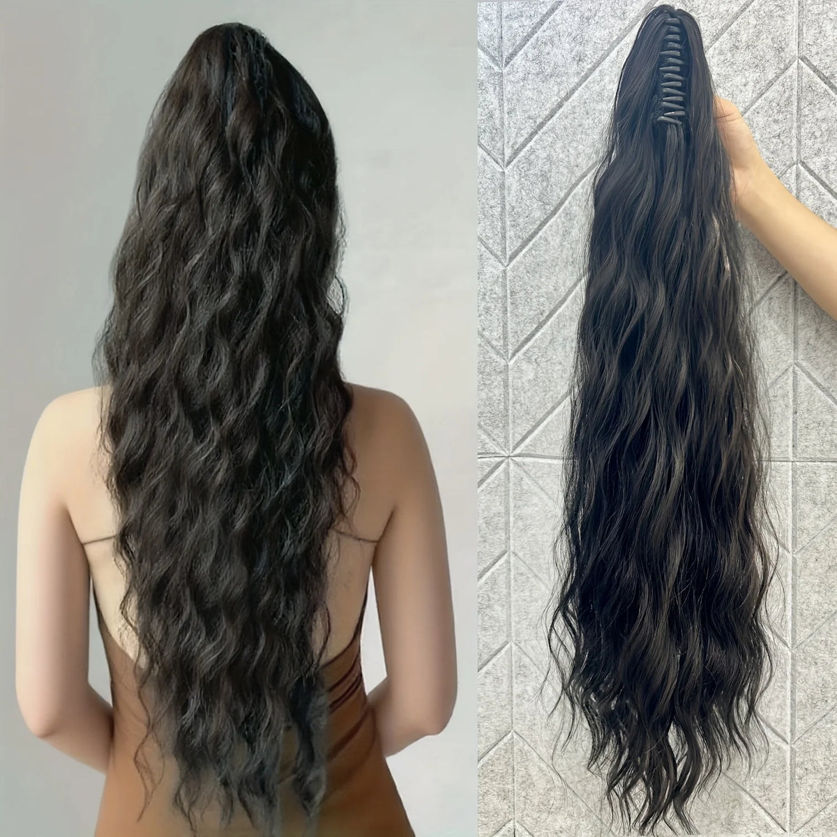 Long wavy ponytail extension with hairstyle and back views
