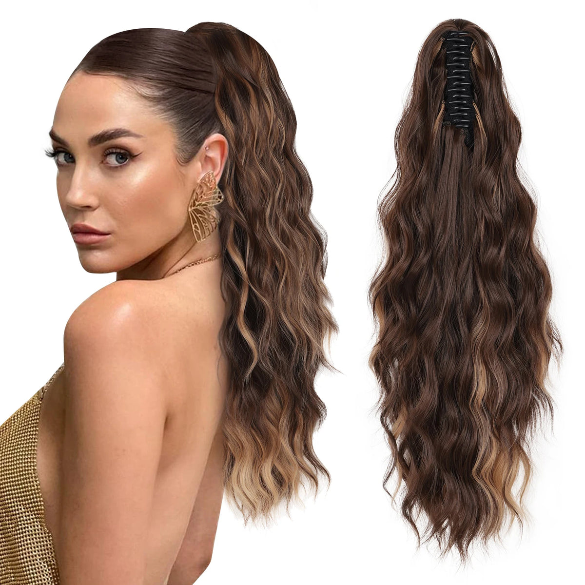 Wavy ponytail extension color shown with styling example