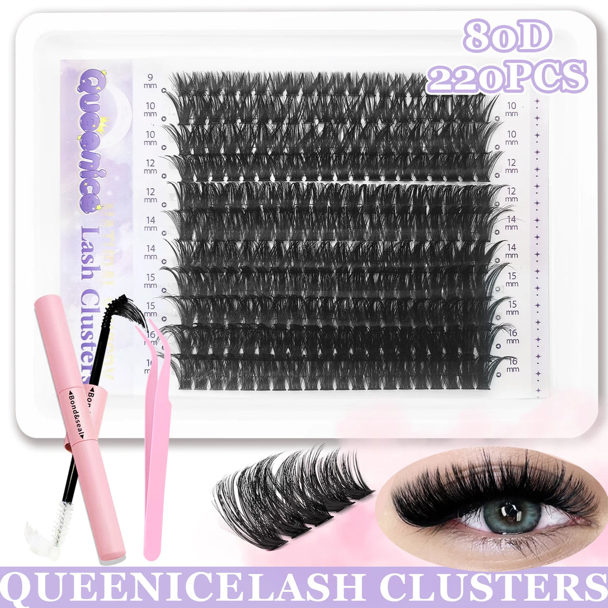False eyelash clusters in trays with lash application examples