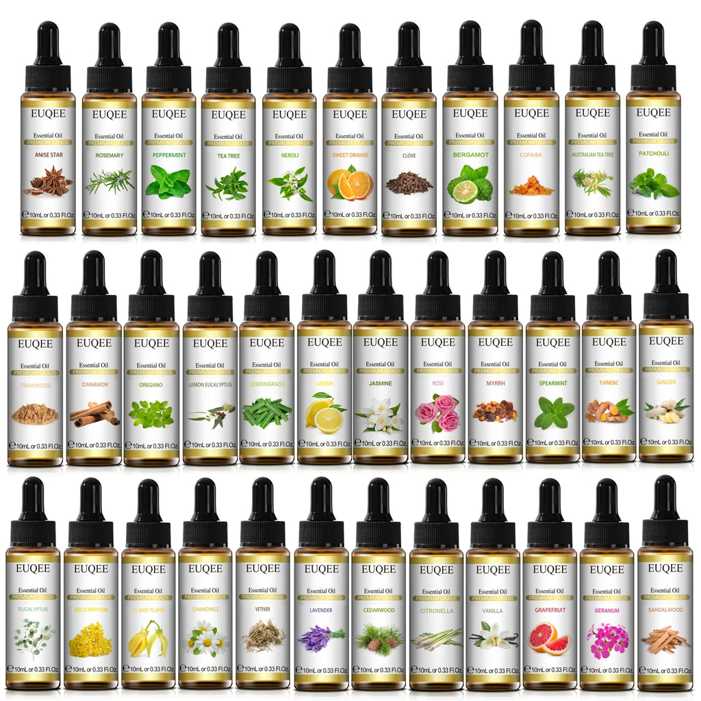 Essential oil bottle assortment arranged in rows