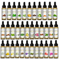 Essential oil bottle assortment arranged in rows