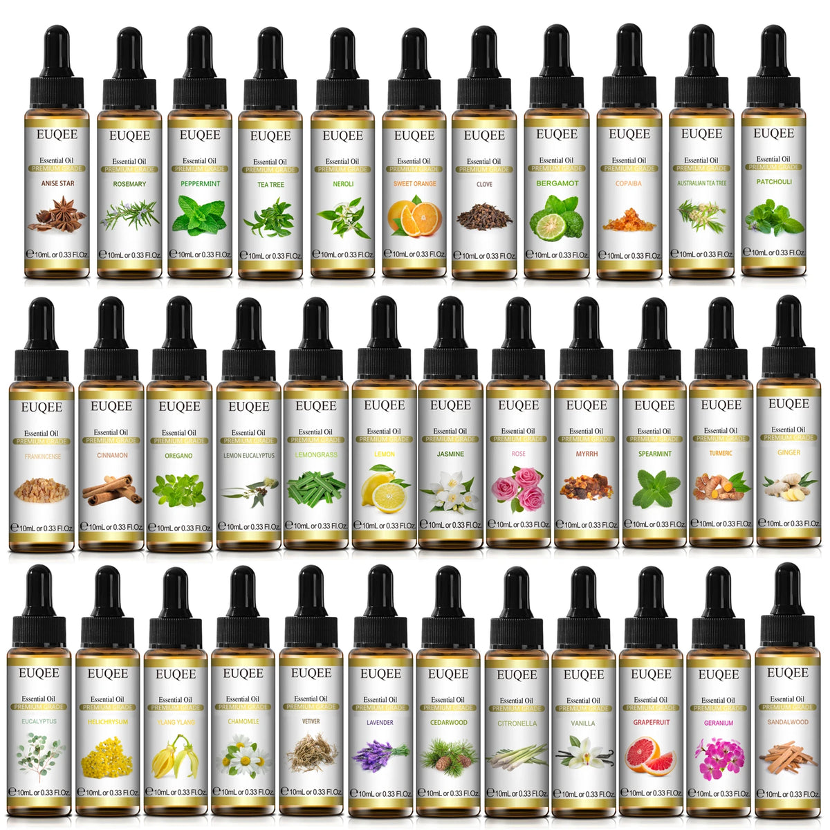 Essential oil bottle assortment arranged in rows