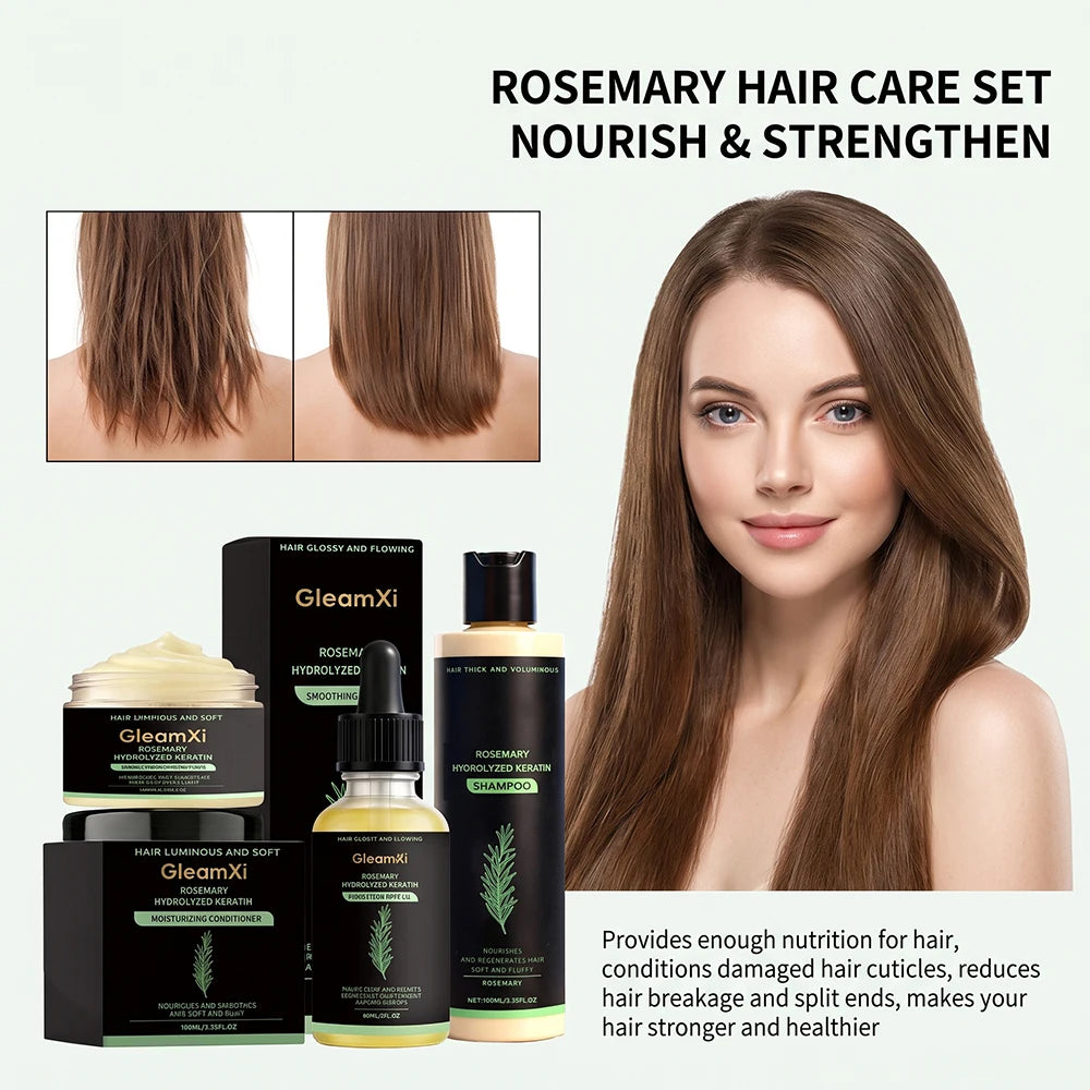 Rosemary hair care products with ingredient and use illustrations