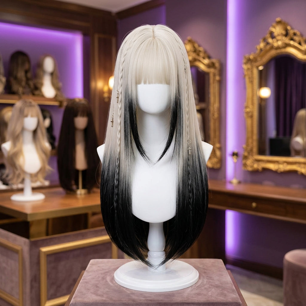 Cosplay wig shown with front, back or styling views