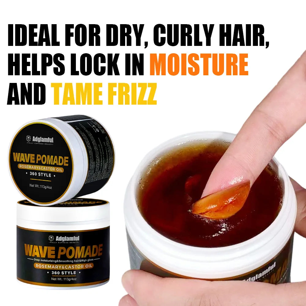 Wave pomade with hairstyle and ingredient graphics