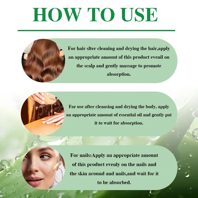 Aloe vera oil with ingredient and application illustrations