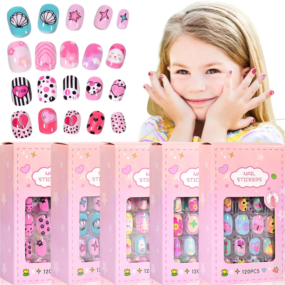 Colorful children's press-on nail sets with assorted decorative designs