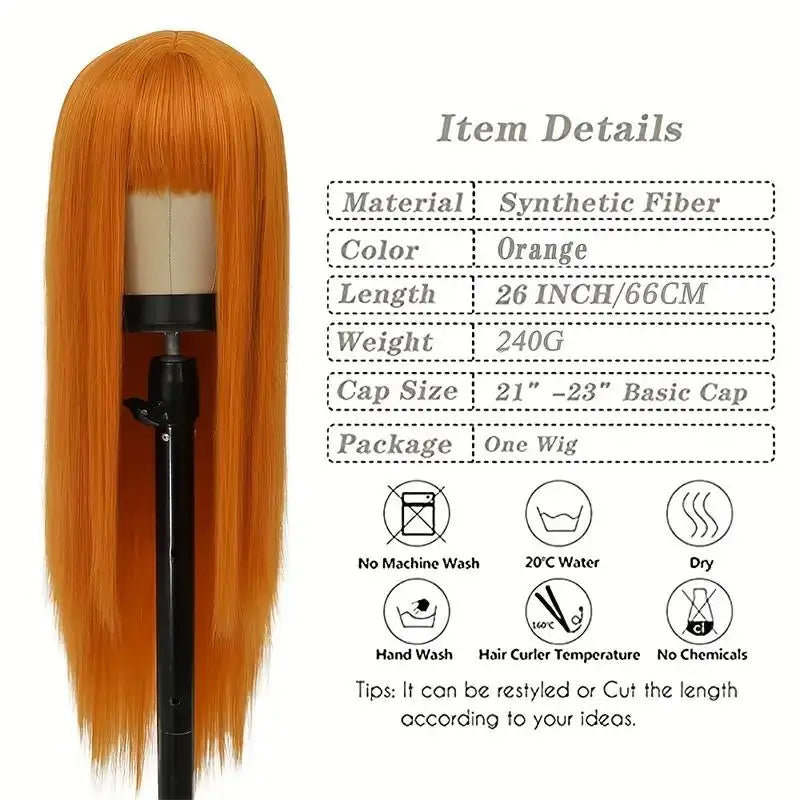 Long orange straight wig with bangs and product details