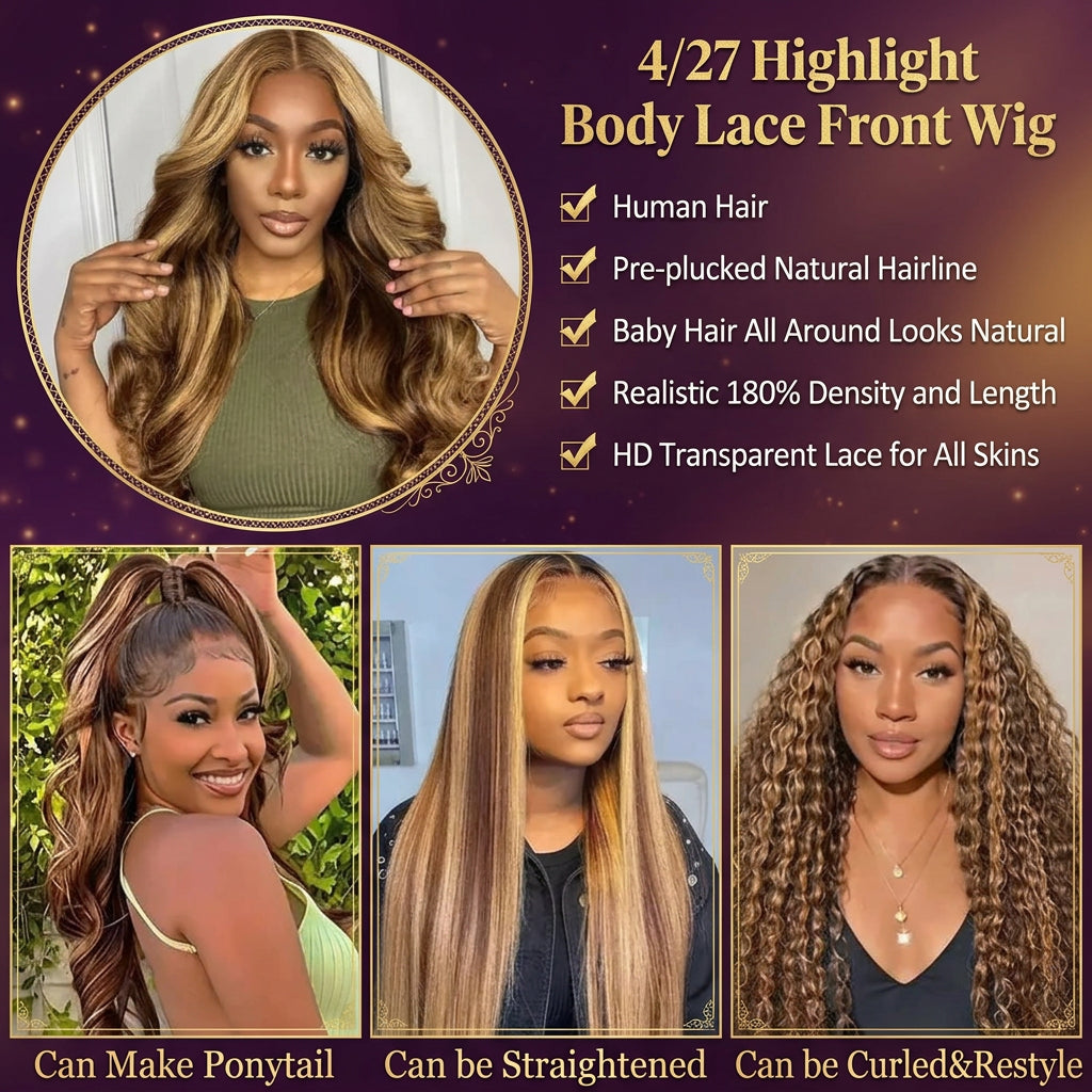 Highlighted brown wavy wig with styling and hairline examples