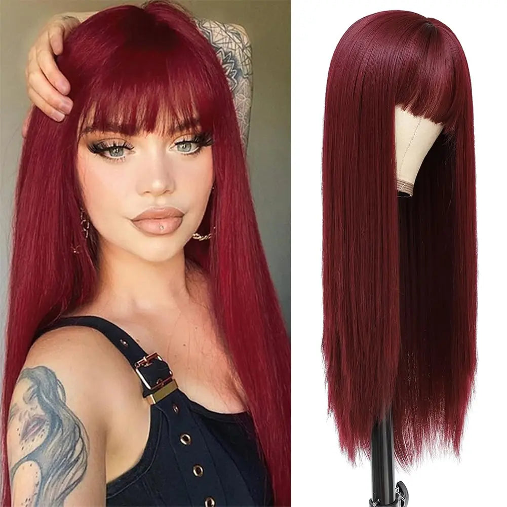 Long straight wig with bangs and styling examples