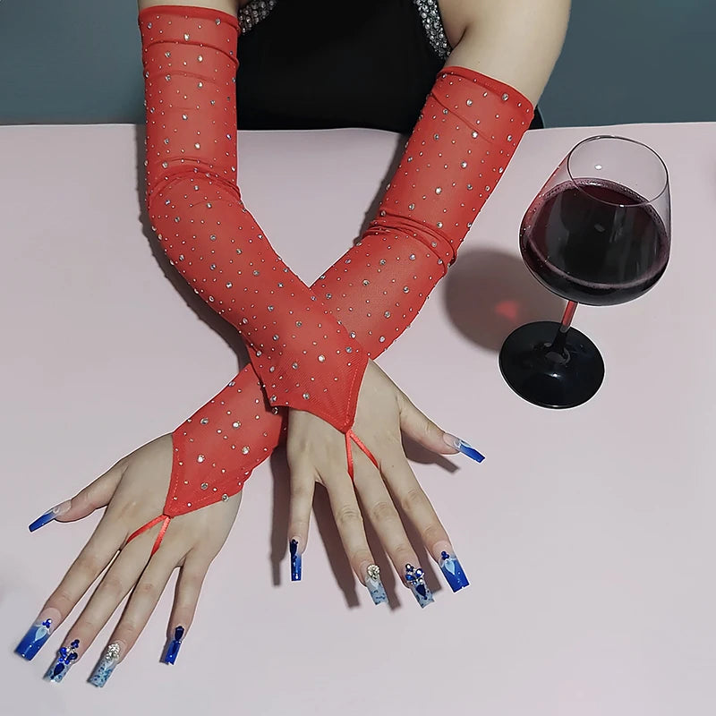 Glitter Rhinestone Long Mesh Party Gloves