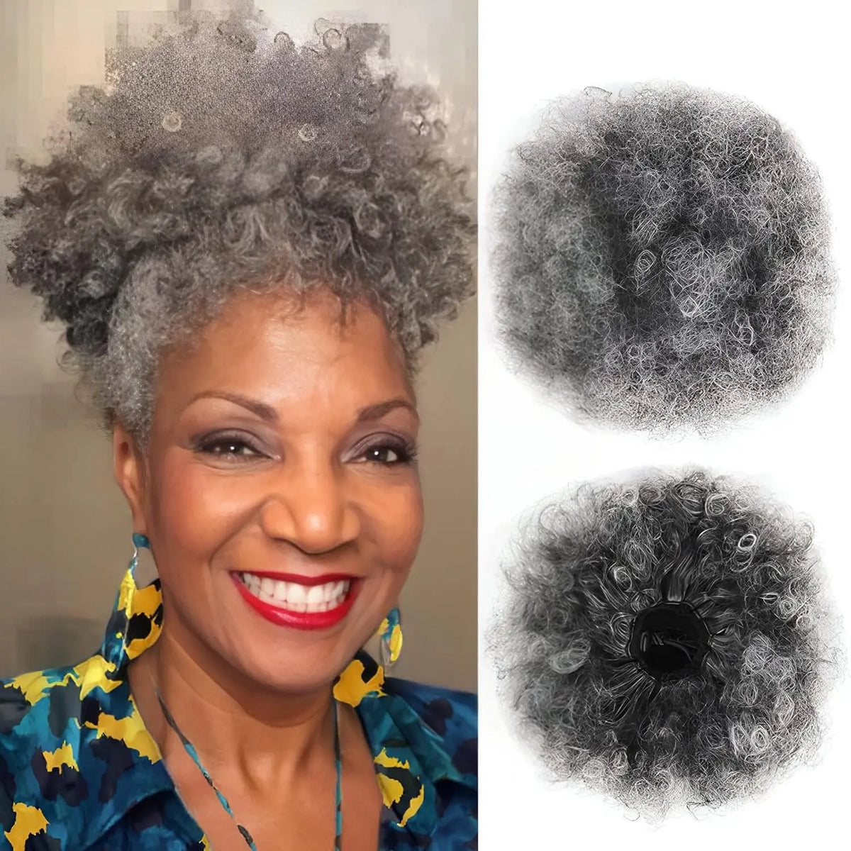 Curly puff hairpiece shown with attachment details or styled on a model