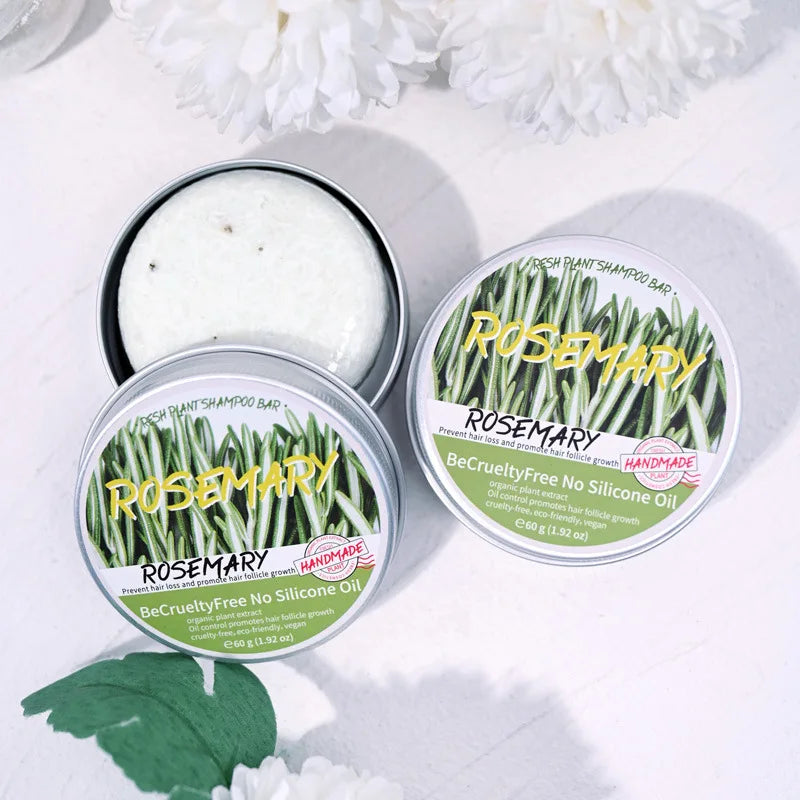 Rosemary shampoo bar with hair washing and promotional graphics