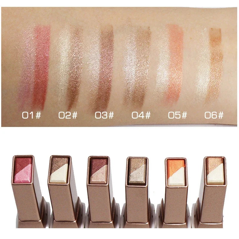 Eyeshadow sticks with shade swatches and makeup examples