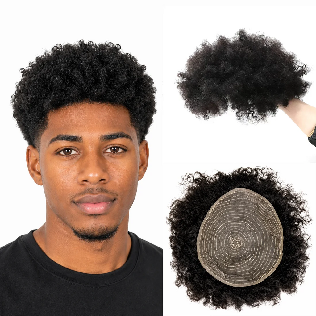 Curly hair toupee with hairstyle and base construction details