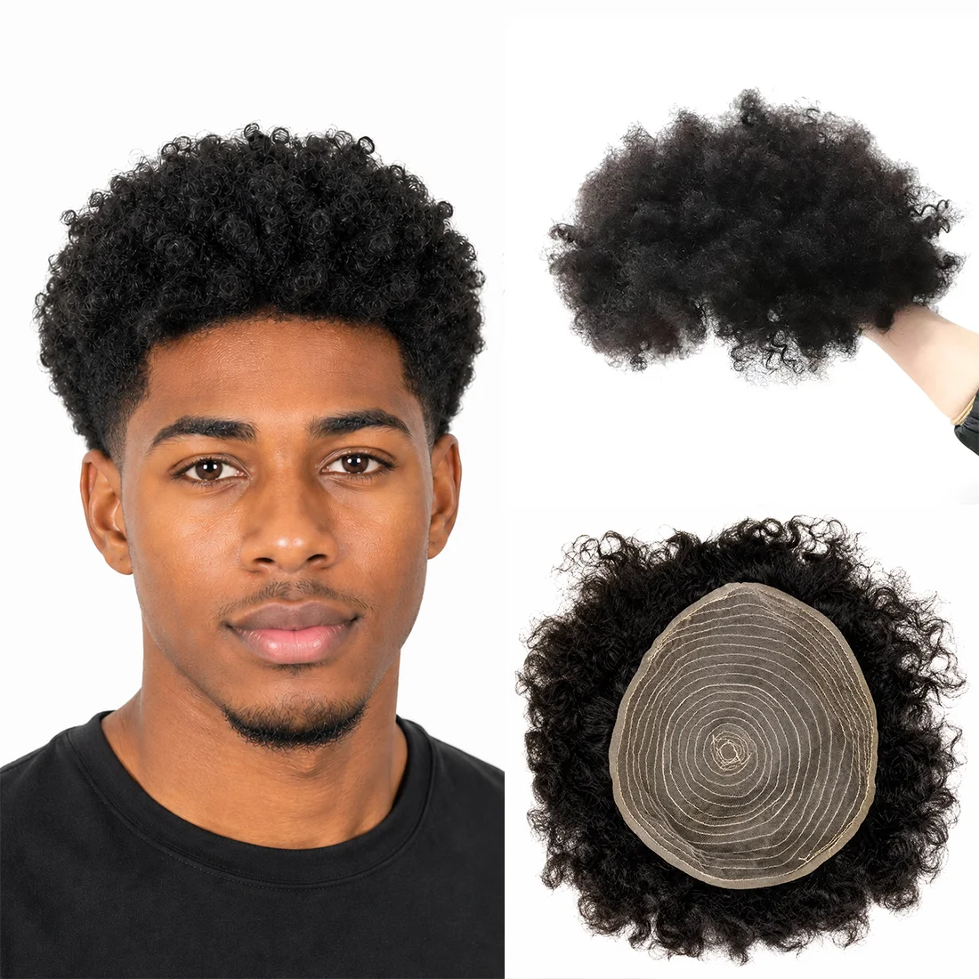 Curly hair toupee with hairstyle and base construction details