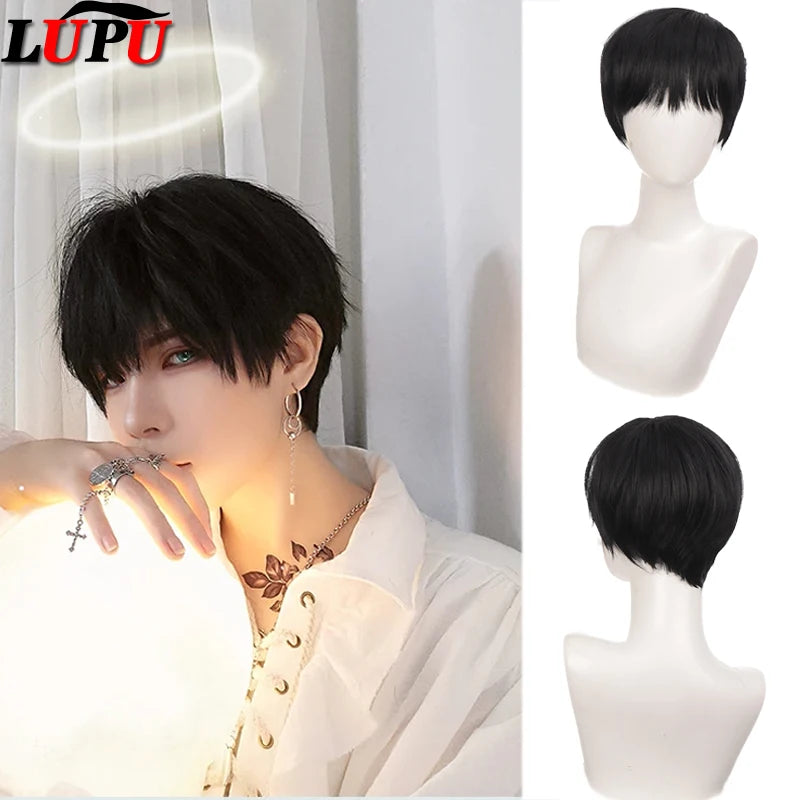 Short dark wig shown on a model and mannequin