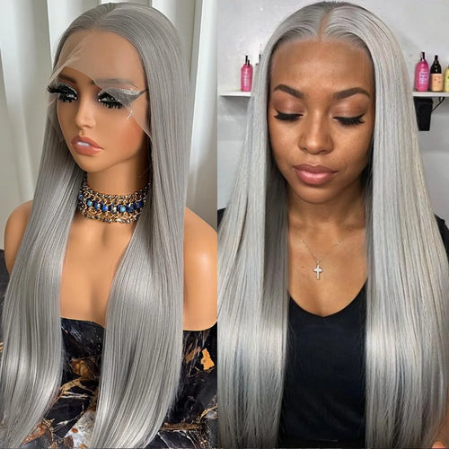 Long silver-gray straight wig with hairstyle and hairline views