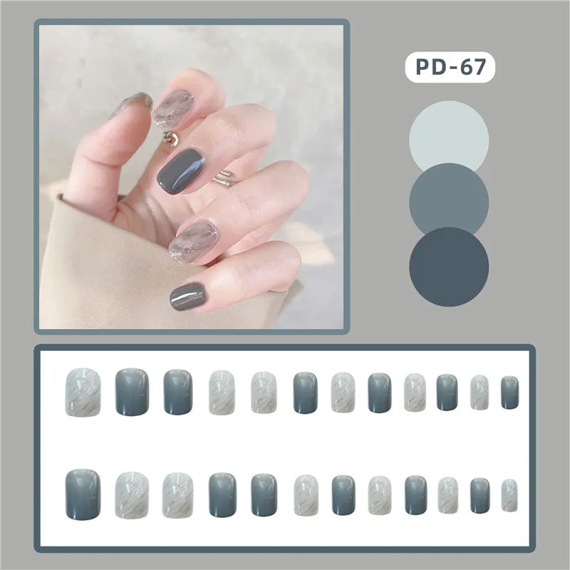 Press-on nail set with manicure example and shade samples