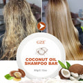 Coconut oil shampoo bar with hair and ingredient graphics